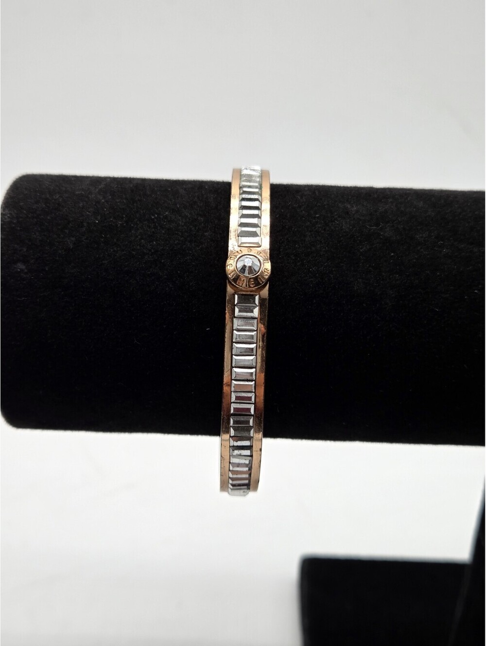 Henri Bendel Rose Gold Tone Hinged Bangle Bracelet Crystal Accent Geometric...